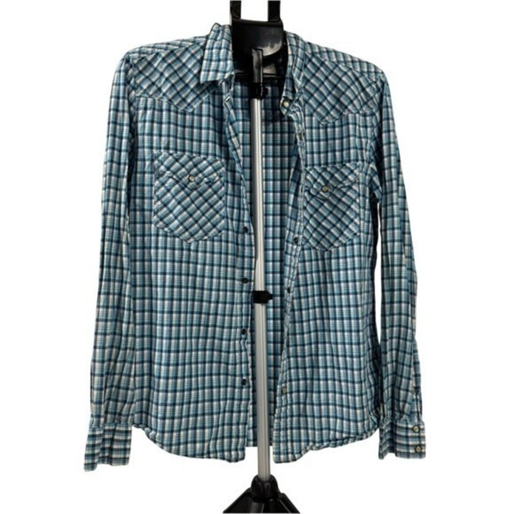 Aeropostale Western Shirt Mens M Blue Plaid Pearl Snap Cowboy Button Down Cotton - Picture 3 of 10
